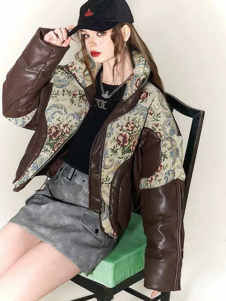 Winter Vintage Jacket Coat Women's Winter Waterproof Embroidered Jacquard Jacket Down Thick Warm Outerwear PU Leather Parka