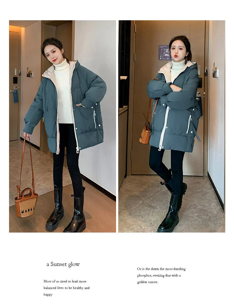 Winter women Solid Cotton Coat Removable Collar Pockets Decoration Warm Windbreak Loose Thick Casual Ladies Jacket High Quality