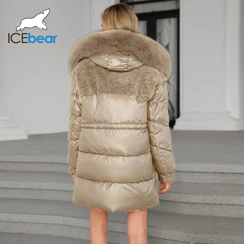 ICEbear 2024 Solid Color Fashion Women's Parka Natural Fur Collar Cropped Slim Casual Hooded Warm Down Jacket GWD4501I