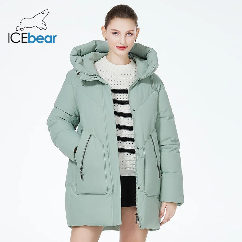 ICEbear 2023 new women's winter puffer jacket mid-length casual hooded windproof cotton coat brand clothing GWD3922I