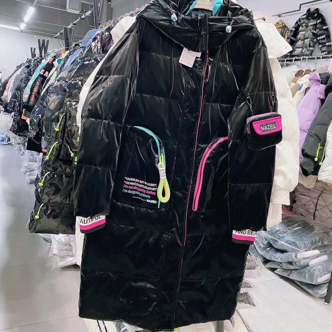 Winter Long Glossy Waterproof Hooded Down Jacket Female Warm Parka Down Outwears Women White Duck Down Knee Length Down Jacket