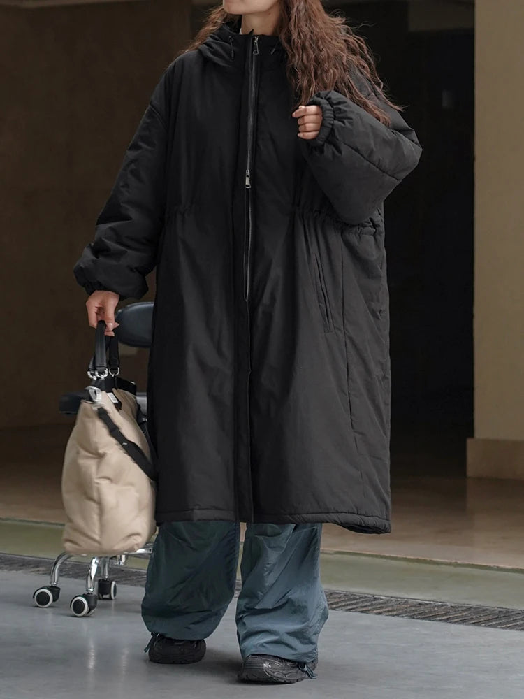 [EAM] Black Big Size Long Cotton-padded Coat Long Sleeve Loose Fit Women Parkas Fashion Tide New Autumn Winter 2025 1DH2804