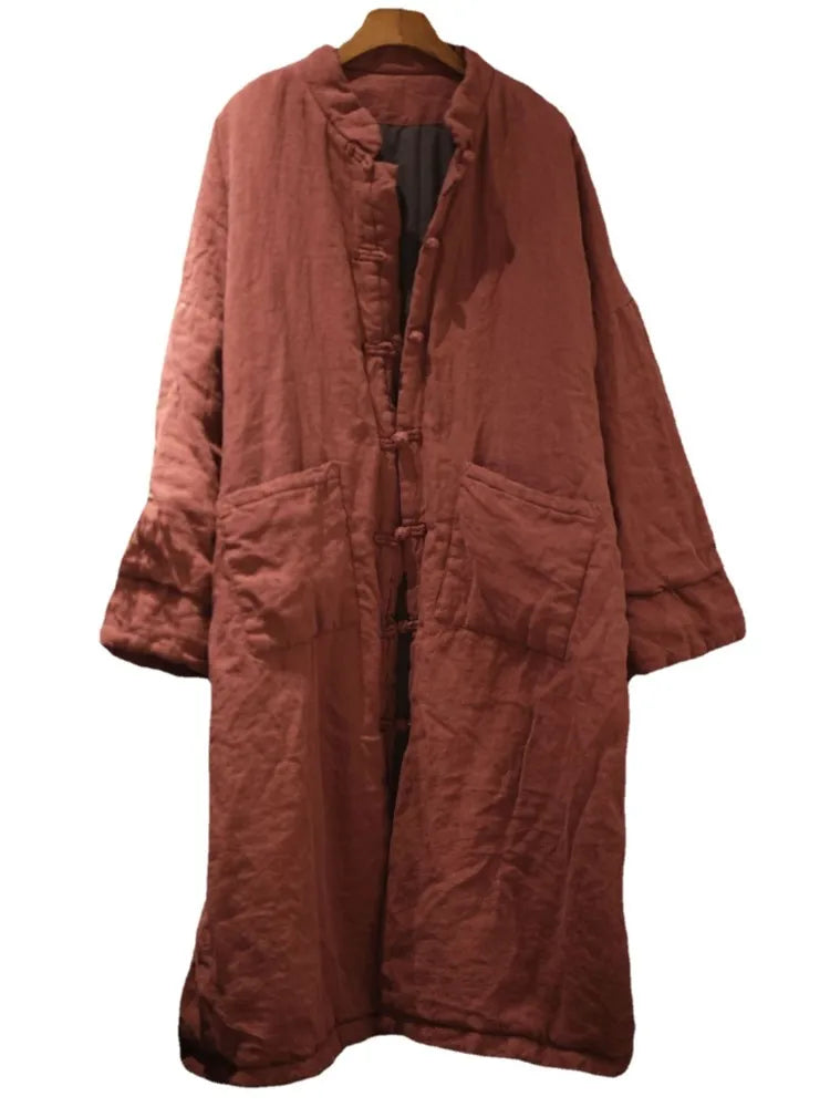 Johnature Women Linen Vintage Winter Parkas Button Coats Pockets Stand Long Sleeve 2025 Chinese Style Women Clothes Long Parkas