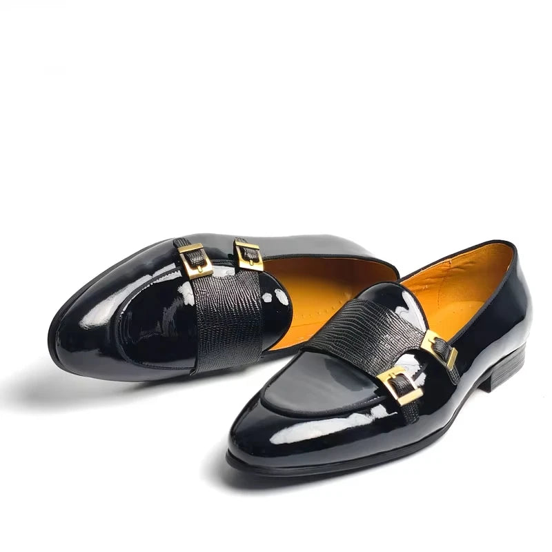 Men's Patent Leather Loafers Elegant Monk Buckle Slip-On Dress Shoes for Wedding,Party & Formal Events Casual Genuine Leather