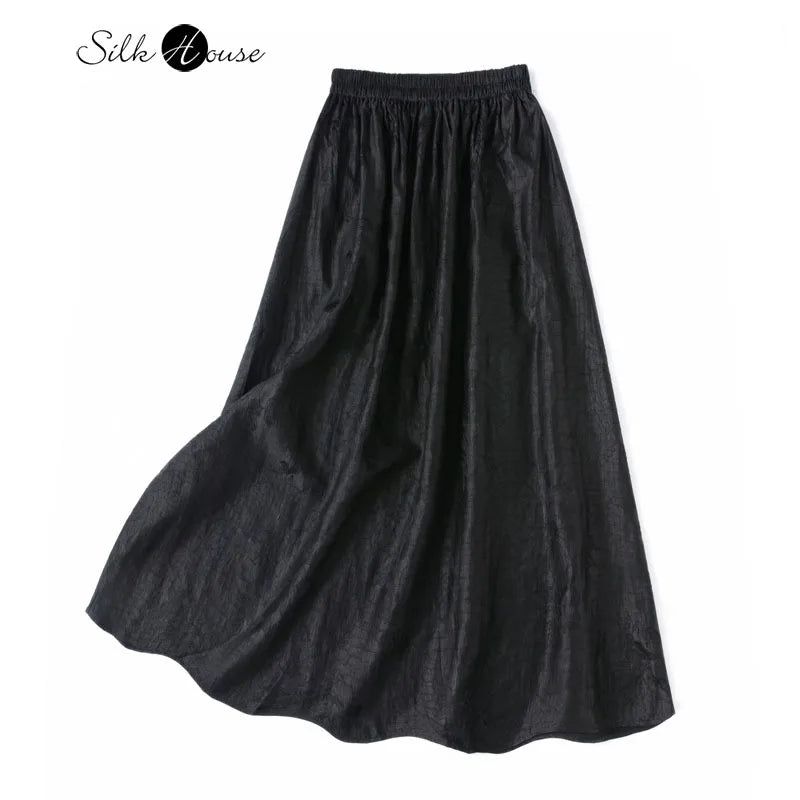 2025 Women's Fashion Summer New 100% Natural Mulberry Silk Turtle Crack Gambiered Guangdong Gauze Elastic Waist Black Skirt