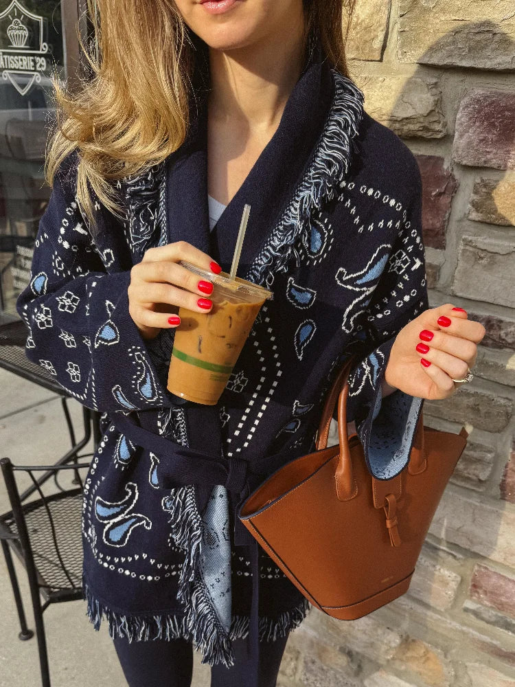 Fashion Printed Tassel Patchwork Cardigan Women V-neck Long Sleeve Loose Sweater Lady Autumn Daily Commute Street Knitwear