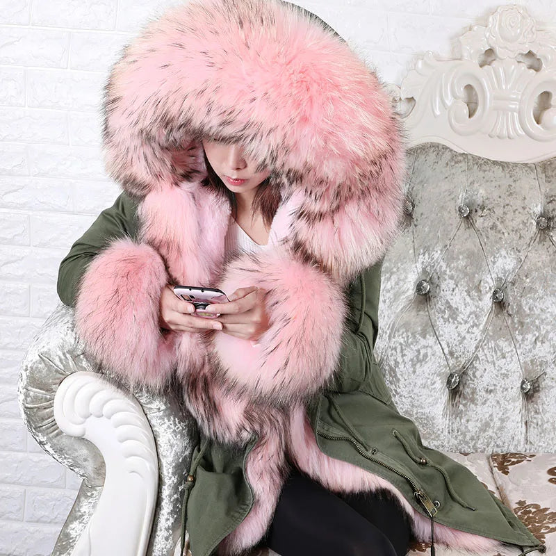MaoMaoKong Natural Real Fox Fur Jacket Hooded Black Waterproof Woman Winter Warm Coat Parkas Luxury Jacket Female Clothing