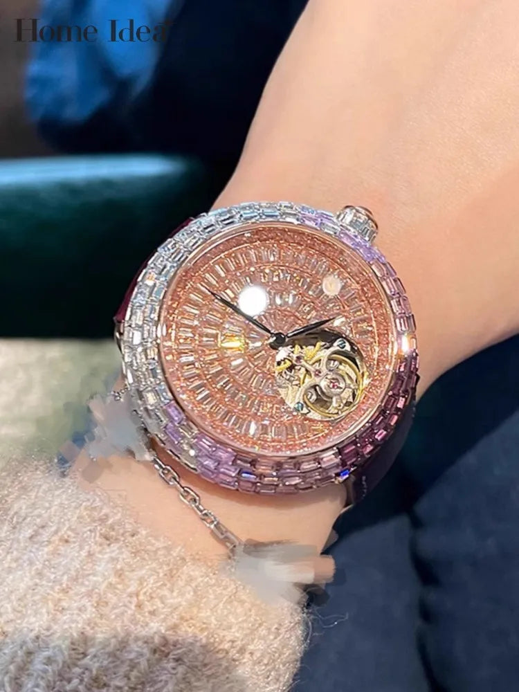 Ladies Fashion Mechanical Watch Designer New Elegant Luxury Diamonds Genuine Leather Strap Needle Buckle Women Fine Wristwatch