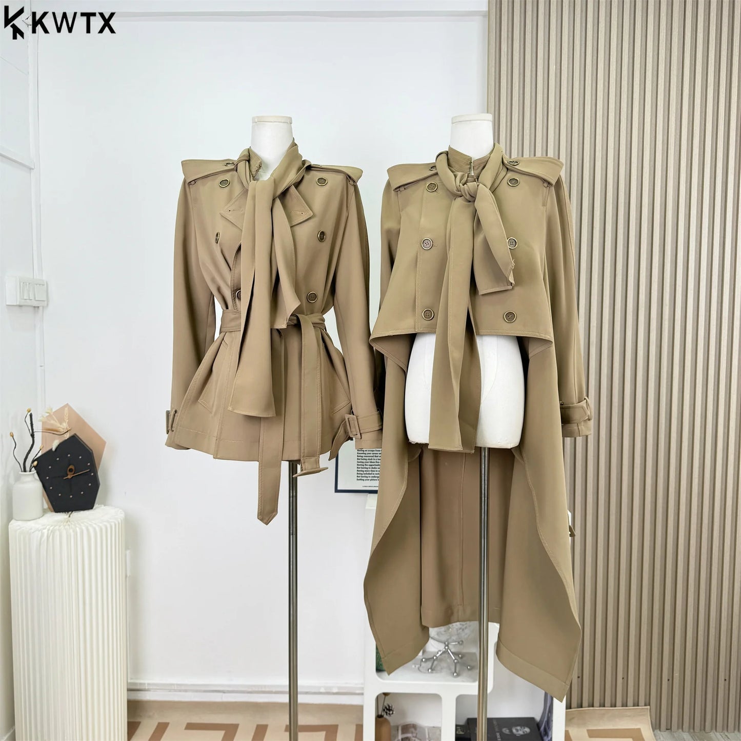 KWTX 2025 Women's Solid Color Trench Coat Belted Double Breasted Longline Lapel Pockets Chic Autumn Winter Fashion Outerwear