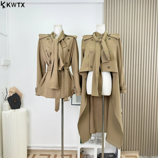 KWTX 2025 Women's Solid Color Trench Coat Belted Double Breasted Longline Lapel Pockets Chic Autumn Winter Fashion Outerwear