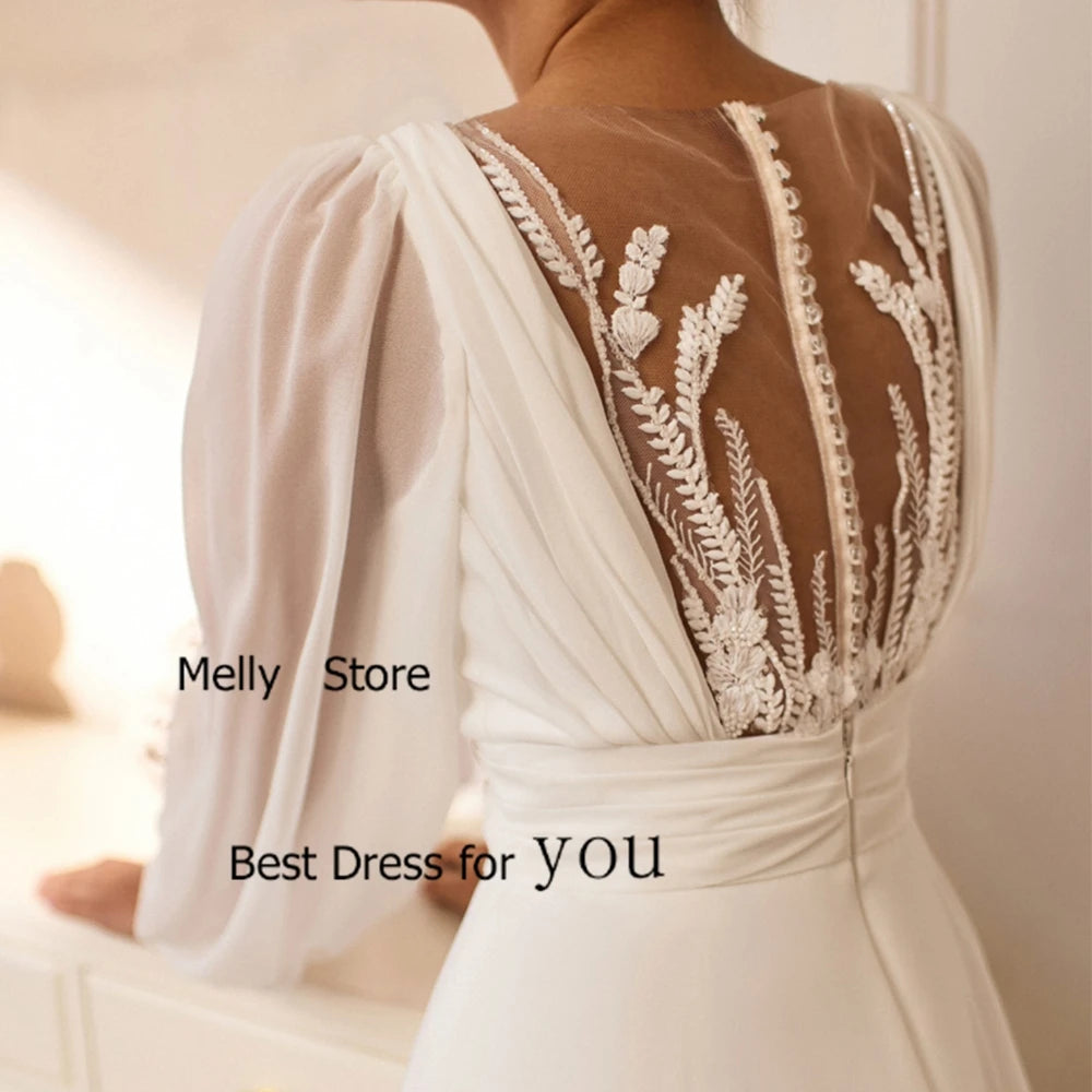 Exquisite Ivory Wedding Dresses A Line Bridal Gowns Court Train Full Sleeve New Vestido De Novia Simple Chiffon Robe De Summer