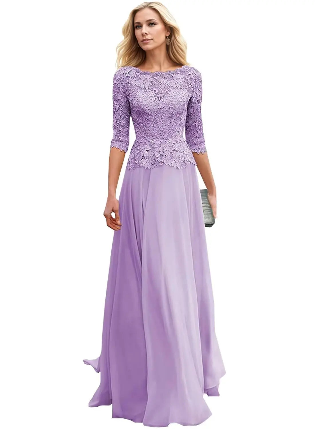 Customized Women's Lace Appliques Mother Of The Bride Dress For Wedding Boat Neck Chiffon Half Sleeves Formal Wedding Guest Gown
