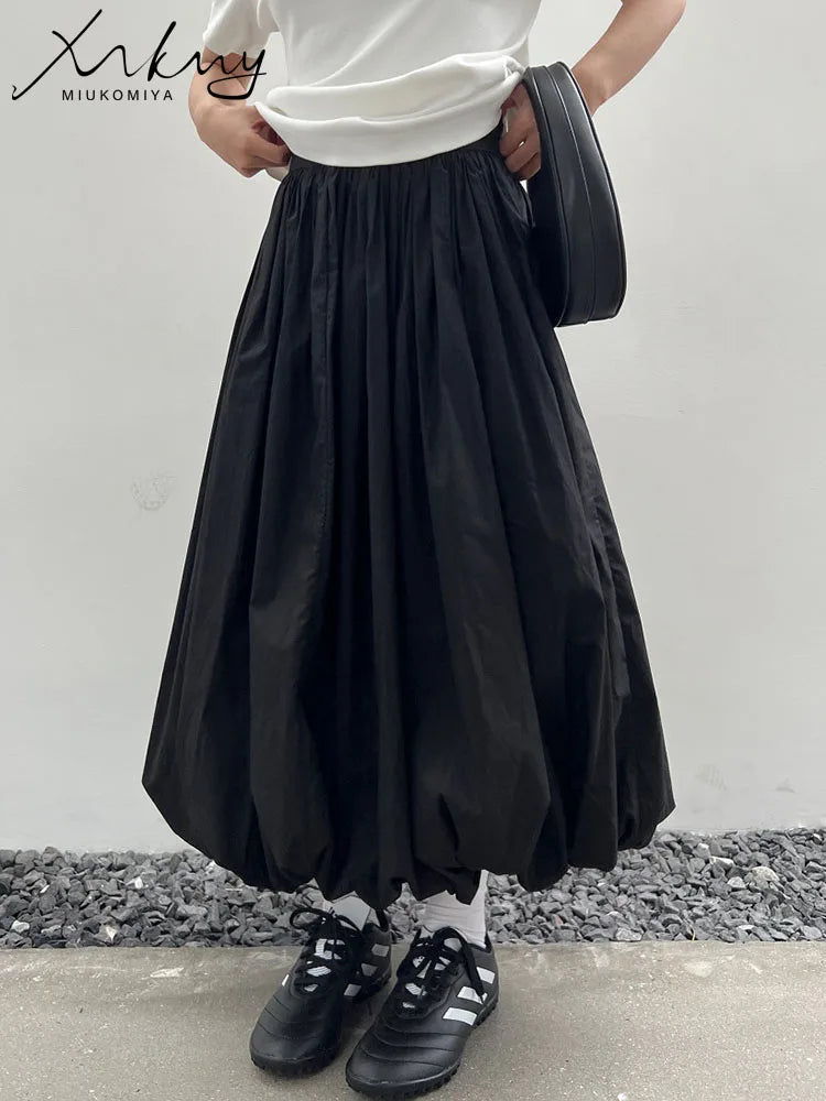 MiuKoMiYa White Midi Bubble Skirt Women High Waist Autumn 2025 Loose Pockets Women's Skirts A-line Solid Women Black Midi Skirts