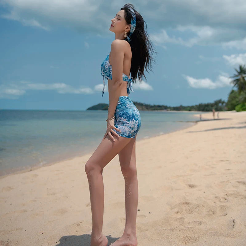 Swimsuit 4 Pieces Bikini Sets Women Swimwear Printed Underwired Mesh Long Sleeve Cover Up High Waist Shorts Headband 2023 New