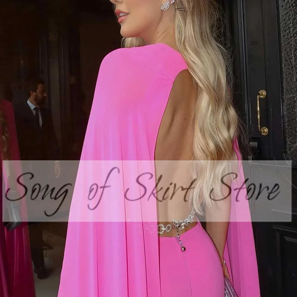 Customized Romantic Chiffon Evening Gown Crew-Neck Solid Color Hollow Sash Backless Pleated Women‘s Floor Length Party Dress