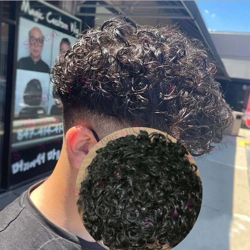 2025 New Toupee Breathable Lace With Thin Skin PU Base Brown Human Hair Replacement System Male Hair Pieces 20mm Curly Men's Wig