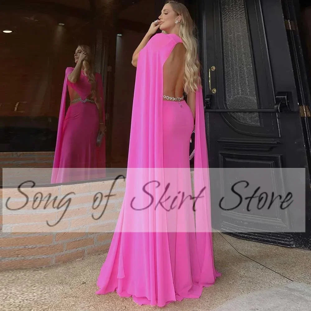 Customized Romantic Chiffon Evening Gown Crew-Neck Solid Color Hollow Sash Backless Pleated Women‘s Floor Length Party Dress
