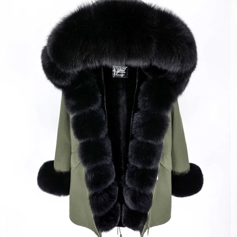 Maomaokong Winter Women Luxur Beige Fur Coat Natural Real Fox Fur Waterproof Jacket Hooded Thick Warm Fashion Long Black Parkas