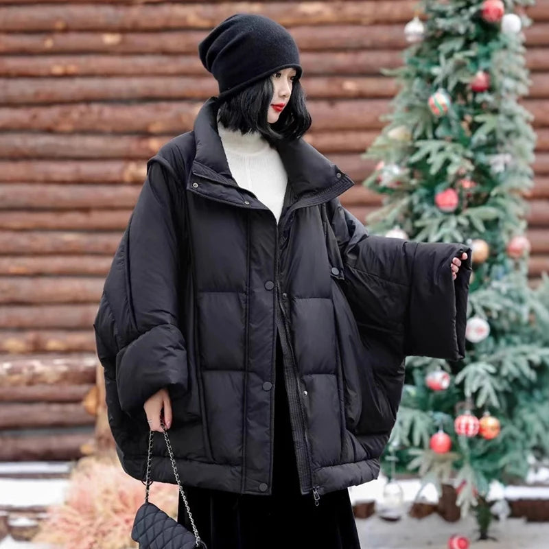 Winter Solid Stand Collar Loose Down Jacket Women White Duck Down Big Pocket Down Jacket Female Chic Warm Zipper Parker Outwears
