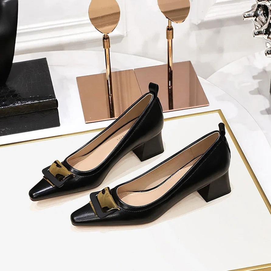 European and American Style Professional Women's Shoes With Shallow Mouth Small Square Toe Metal Buckle 4.5CM Thick Heel Shoes
