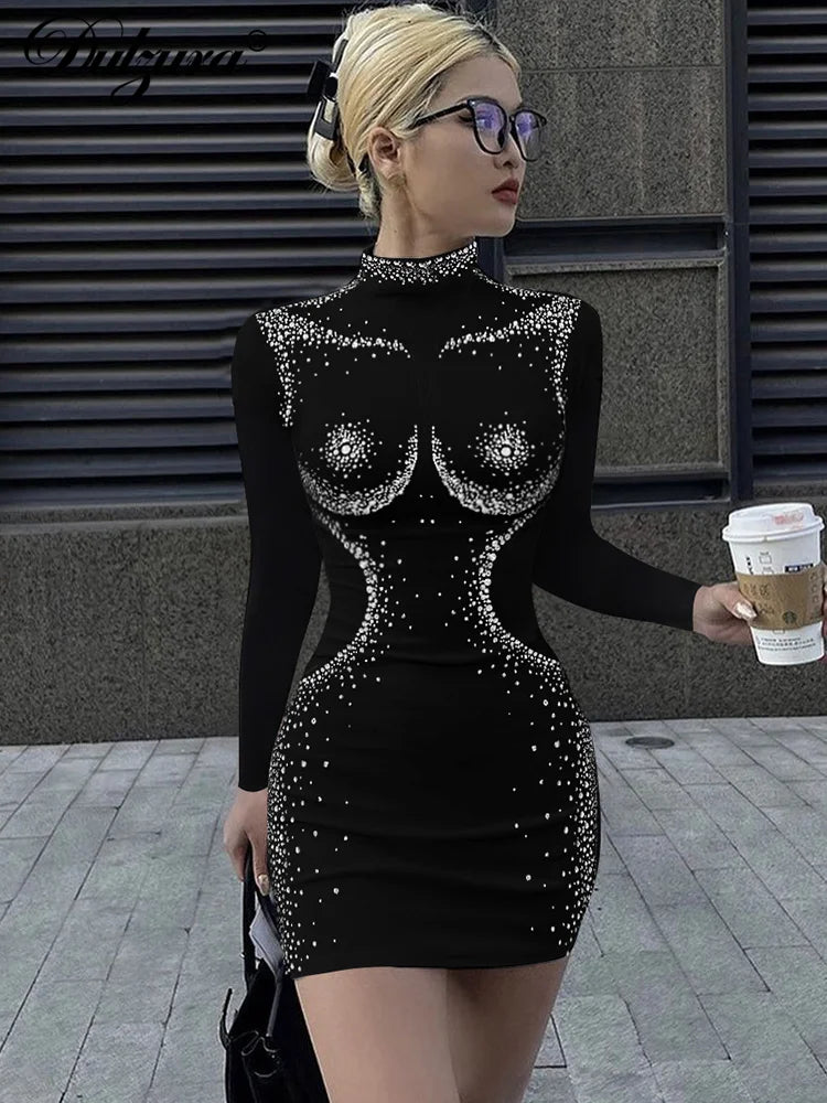 Dulzura Half Turtleneck Sparkly Crystal Rhinestone Long Sleeve Bodycon Women Mini Dress Y2K Clothes Streetwear Party Club Sexy