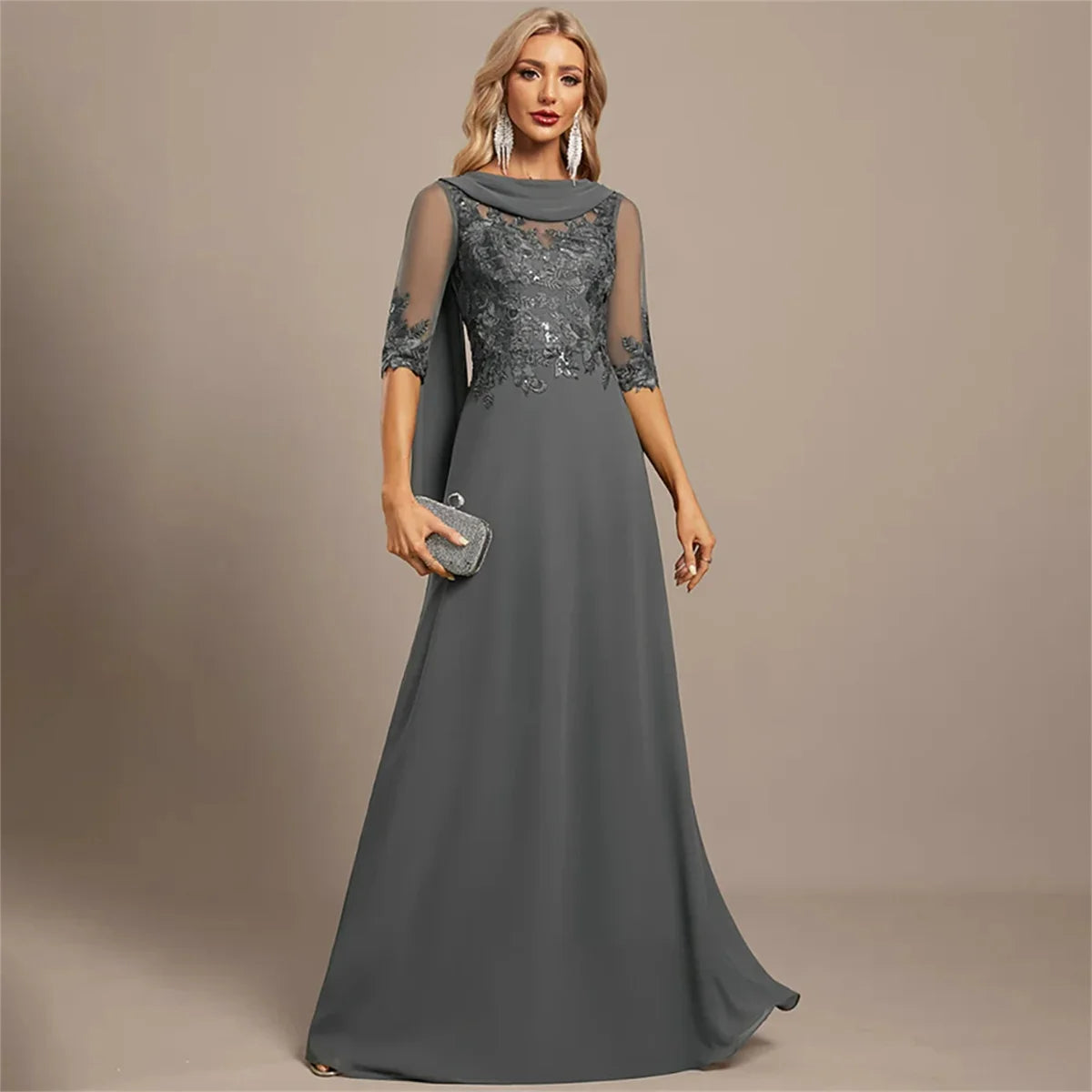 Customized Elegant Lace Applique A Line Mother Of Bride Dresses With Scarf Women's Half Sleeves Boat Neck Evening Prom Dresses