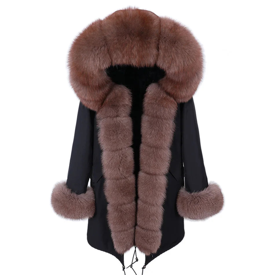 MaoMaoKong Natural Real Fox Fur Jacket Hooded Black Waterproof Woman Winter Warm Coat Parkas Luxury Jacket Female Clothing