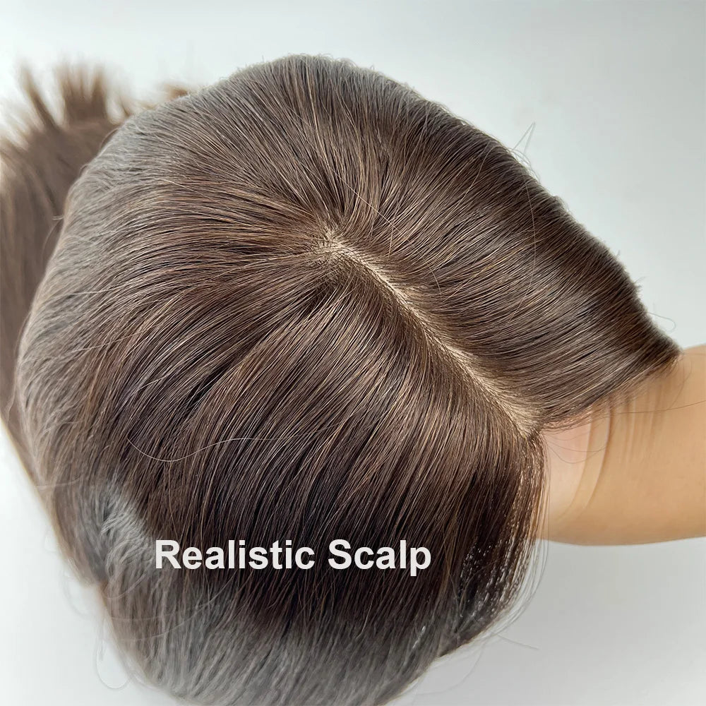 Jewish Topper Full Virgin European Hair 8x8'' Silk Base Natural Scalp Medium Brown Same Length Sheitels Silk Top Kosher Wig