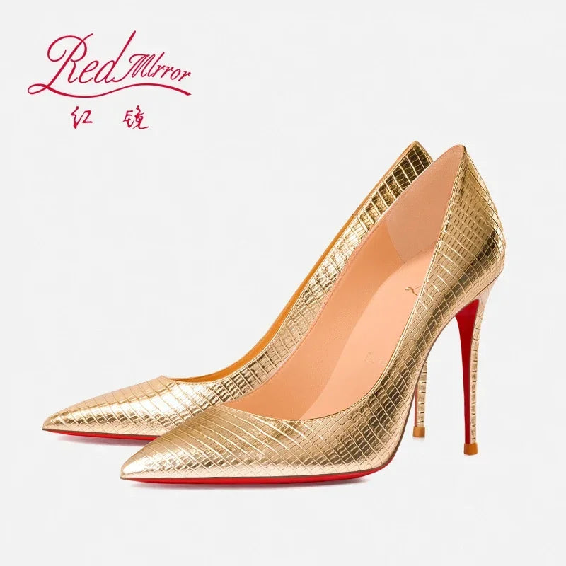 Spring/Summer Red Bottom Lizard Pattern Embossed Gold Pointed Shallow Mouth Slim Heels Sexy Banquet High Heels Single Shoes