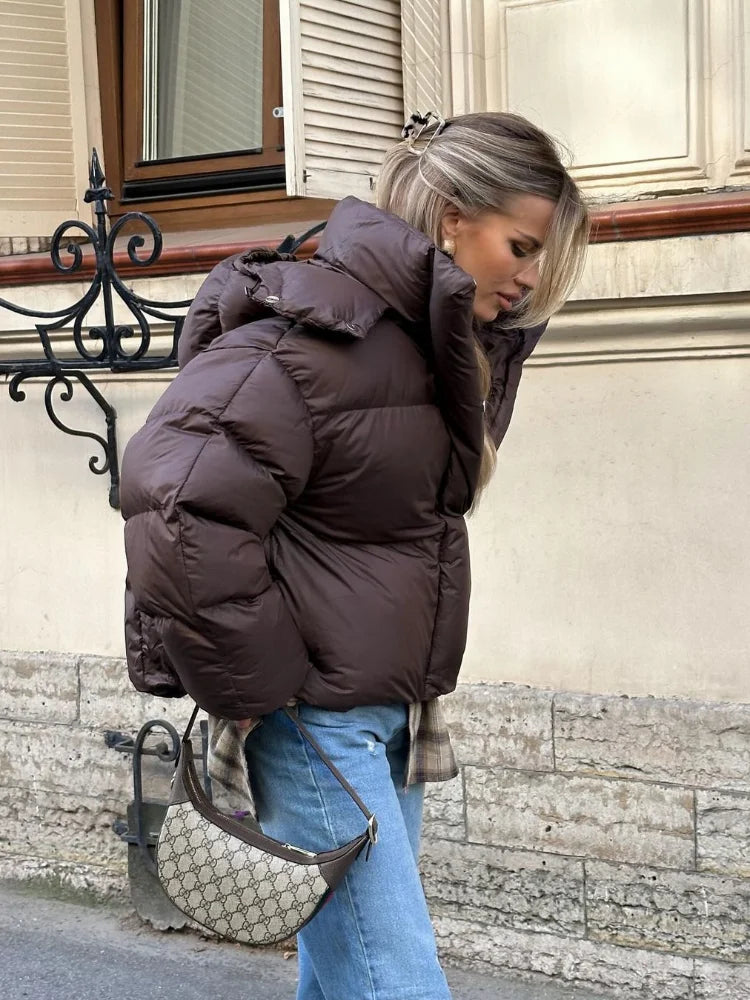 Deep Brown Short Cotton Coat Women Casual Lapel Full Sleeve Single Breasted Loose Jacket Lady 2025 Winter Office Commute Outwear