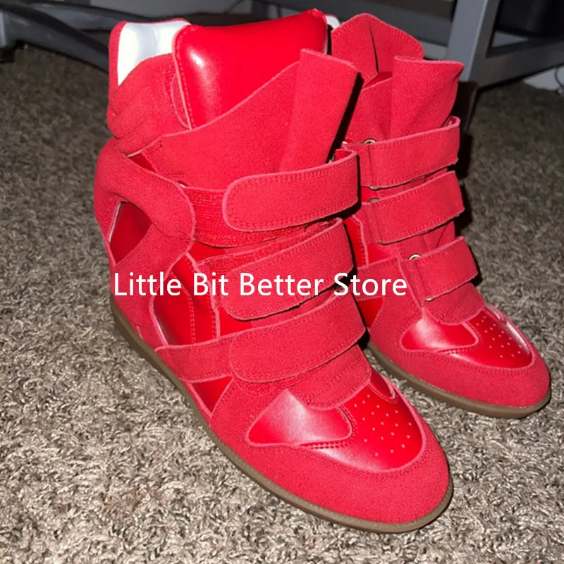 A Genuine Leather Casual Shoes Women's 2026 Summer Breathable Hollow Hidden Wedges Sneakers Hook Loop Trainers High Top