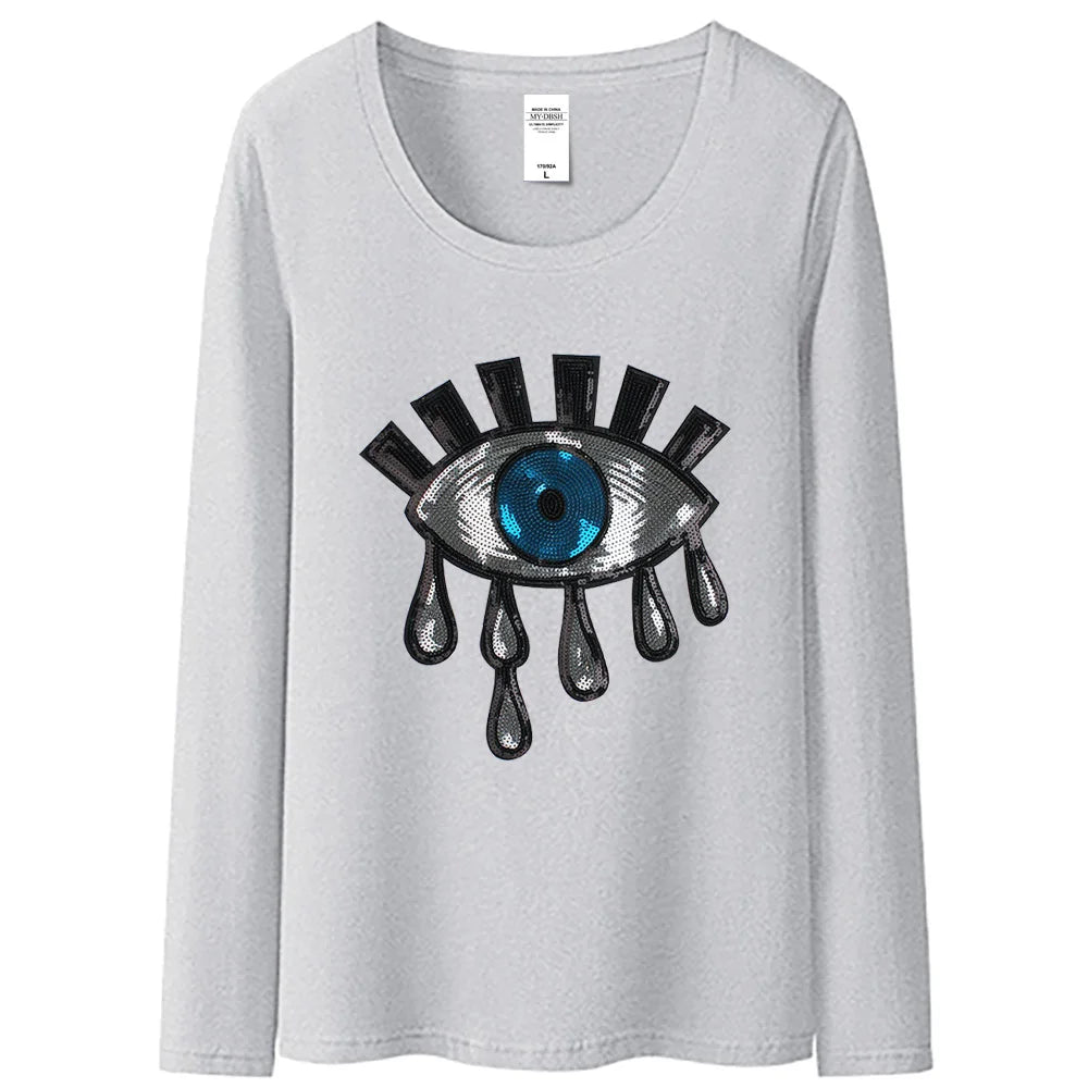 New Summer  Women Cotton Tears T Shirts Ladies Big Eyes Embroidery Sequins T-shirt Loose Style Casual Tshirt Women Casual Tops