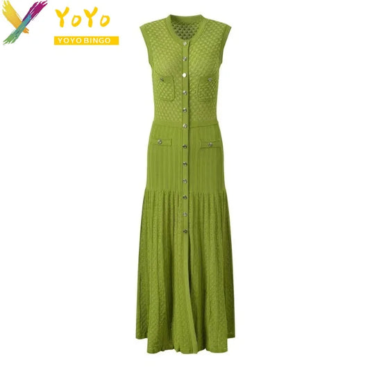 Elegant Formal Knit Black/Green V-neck Sleeveless Button Split Dress New Fashion temperament Slim Fit Chic Work Sweater Dress
