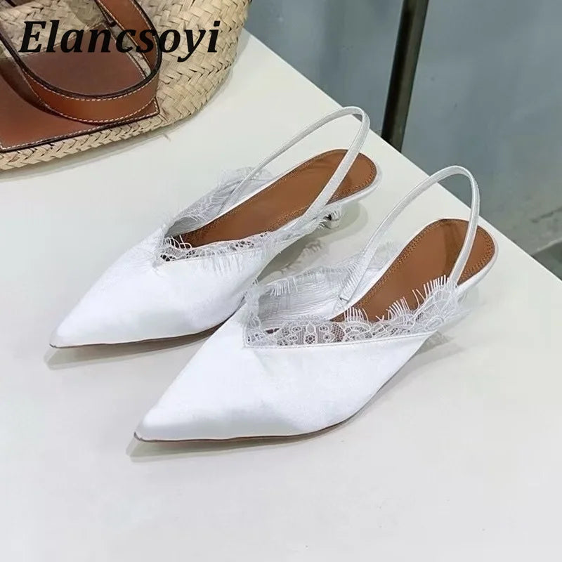 Fashion Satin Lace Kitten Heels Pointed Toe Sandals Women Pumps Low Heels Back Strap Sandalias Summer Elegant Banquet Shoes