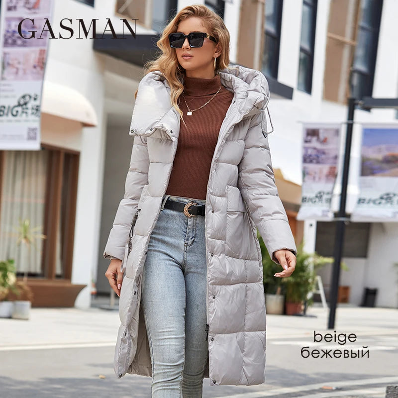 GASMAN Winter Down Jacket Women Long Classic zipper Belt Design Pocket Hooded Slim Parkas Female Coat LD-21963