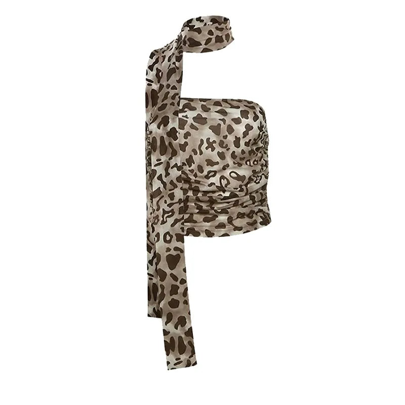 Women's tulle leopard print top shoulder straight neck and leopard print straight skirt summer casual girls two-piece set