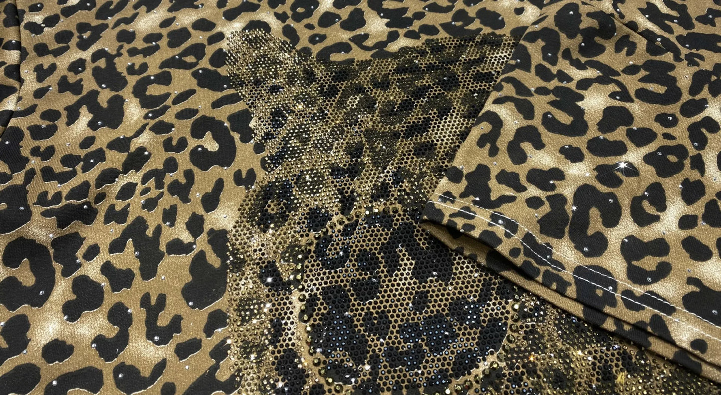 Two Piece Sets Womens Outfits Vintage Style Leopard PrintedCartoon Diamonds Summer Short Sleeve Pant Sets Women Casual Knitwear