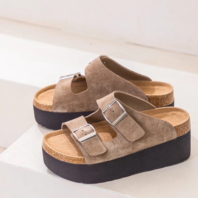 AUTUSPIN Trendy Streetlish Buckles Slippers for Women Nubuck Leather Summer Platform Shoes Ladies Comfort Fashion Slipper Woman