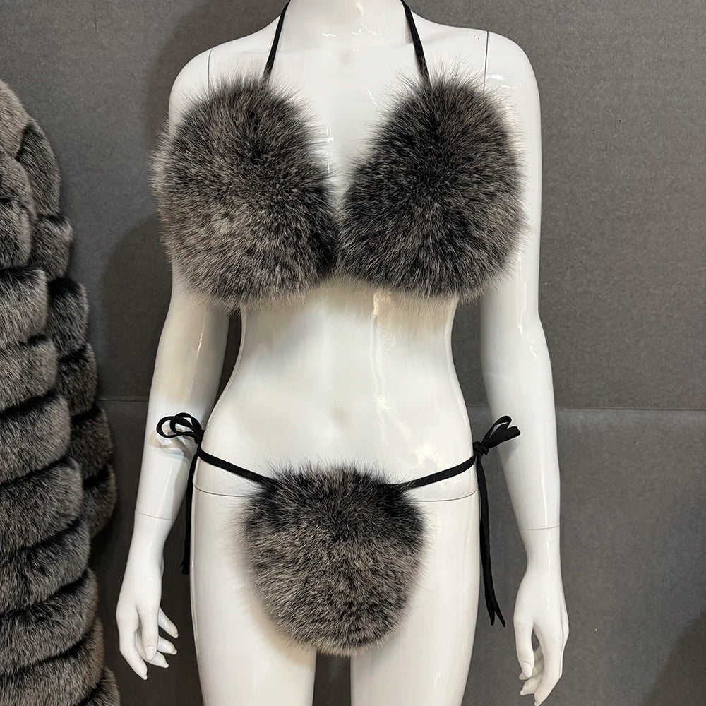 YOLOAgain Women Solid Natural Fox Fur Sexy Bikini Set Bra Detachable