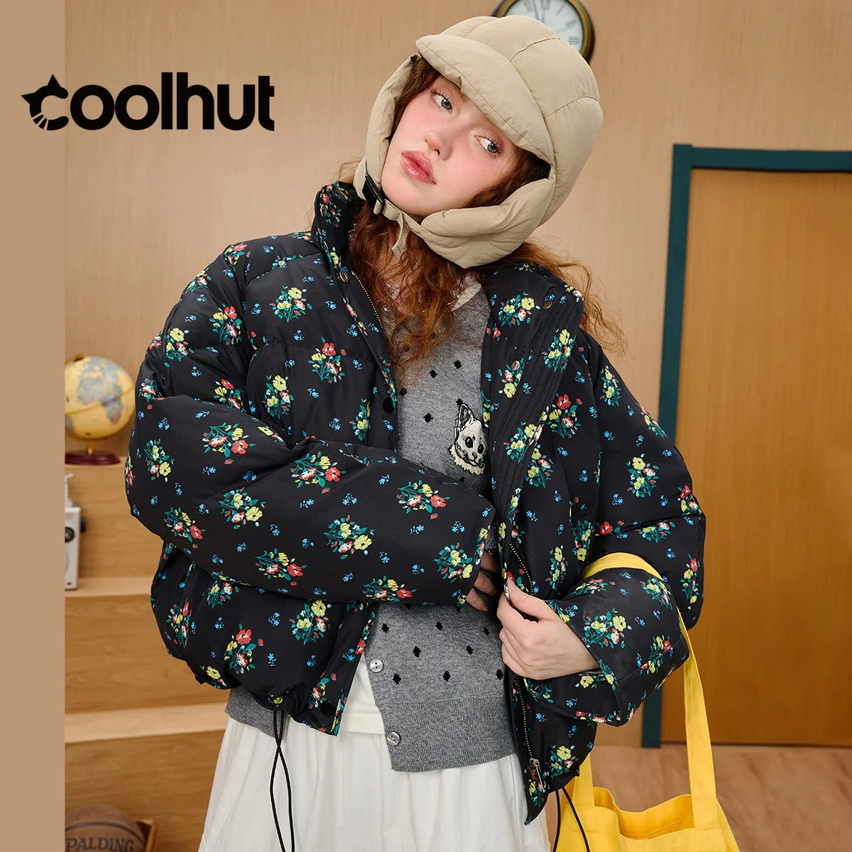 COOLHUT Women's New Printed Short Puffer Jacket Winter Coat Fashion Loose Fit Quilted Padding for Petite Trendy Casual Outerwear