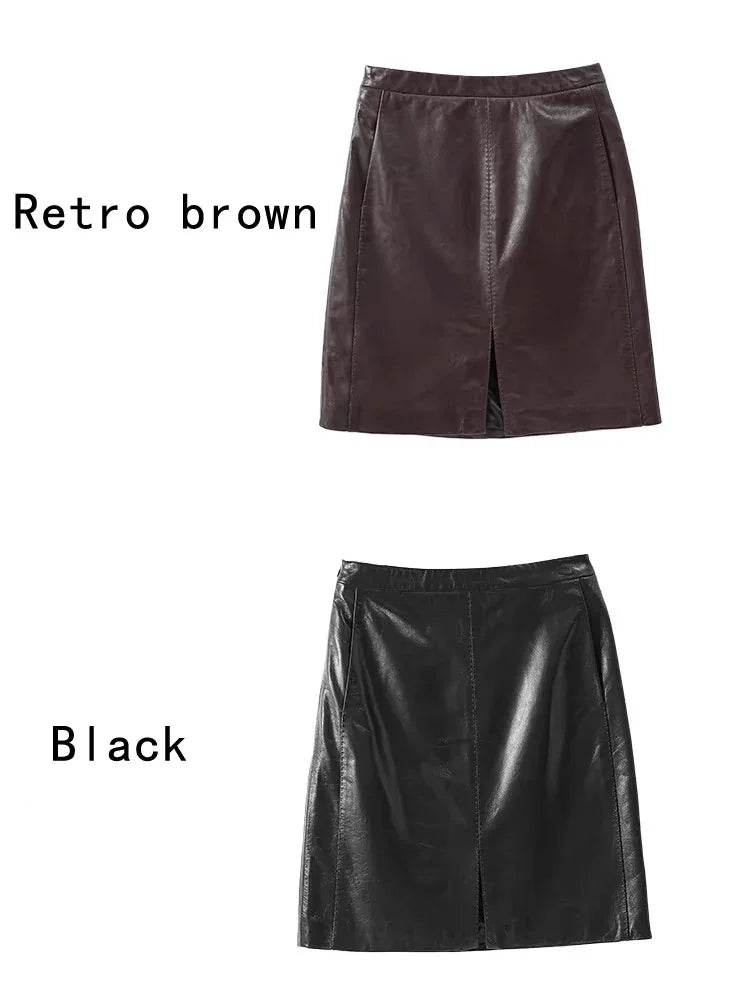 Real leather Women Skirts Ladies 100% Sheepskin Leather Jupe Femme Front Split Sexy Wrap Saias Mujer Mid-Length Burgundy Faldas