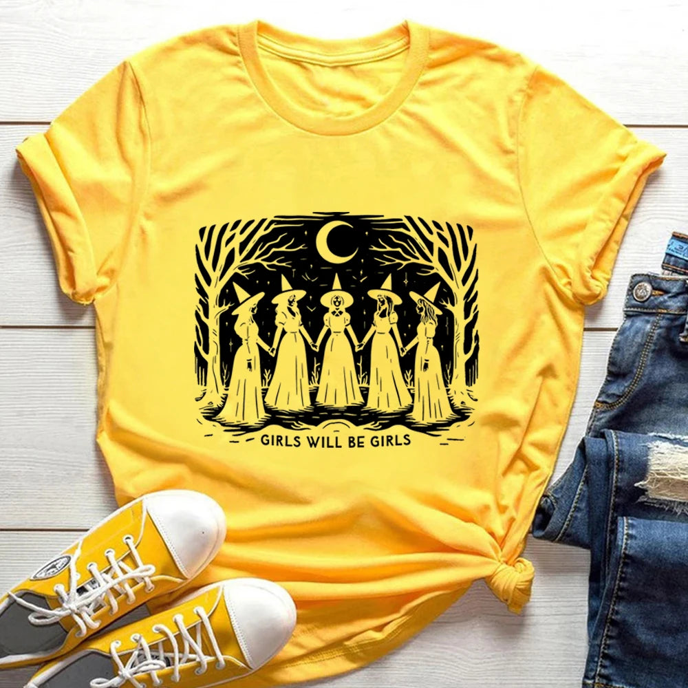 Halloween Witch Shirt Vintage Girls Will Be Girls Witch T-Shirt Women Feminist Tee Ironic Aesthetic Shirts Spooky Season Tops