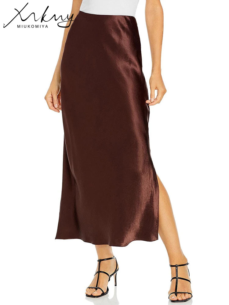 MiuKoMiYa Black Women Long Skirts High Waist Slit Satin Maxi Skirt 2025 Summer Elastic Waist Beige Skirt For Women Long Silk