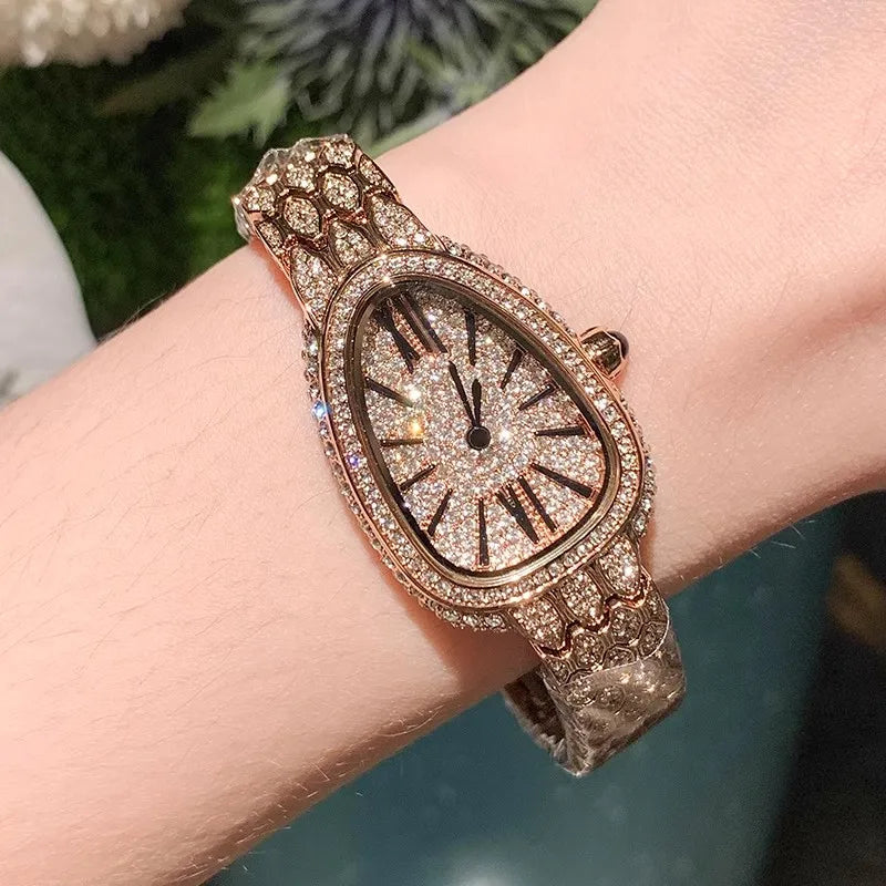 Luxury Women Snake Pattern Shiny Diamonds Studded Quartz Watch Office Ladies Work Wristwatch Fashion Birthday Gift Jewelry