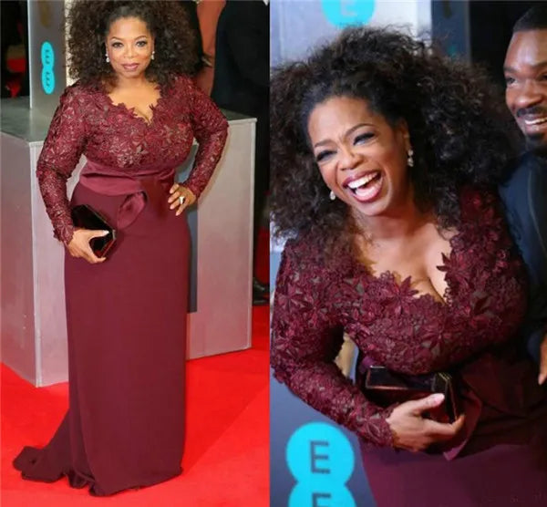 Plus Size Mother Of The Bride Dresses Burgundy Lace Long Sleeves V Neck Red Carpet Evening Wedding Party Prom Gown Madrinha