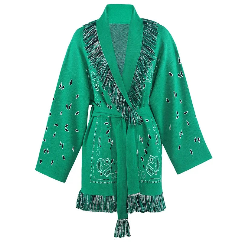 Fashion Lace Up Floral Tassel Patchwork Sweater For Women Elegant Long Sleeve Belt Knitted Cardigan Jacket Lady Chic Street Tops