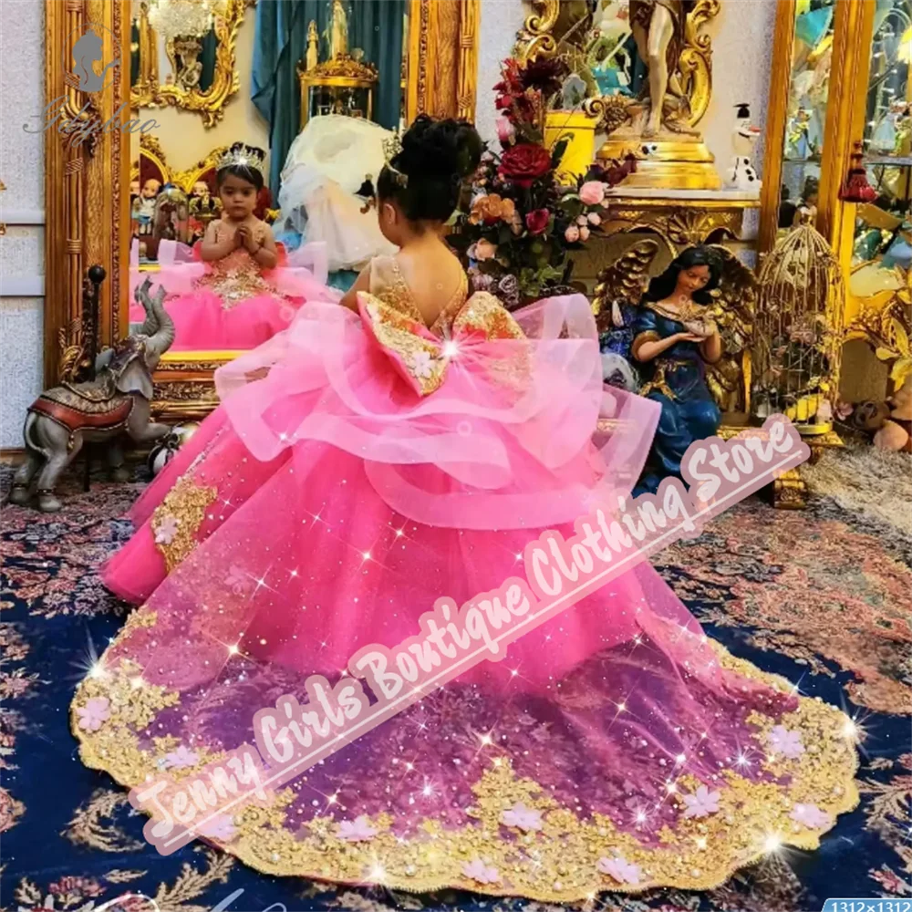 Rose Pink Girl Party Long Dresses Gold Appliqued Wedding 2025 Customized Birthday Pageant Feast Events Dress