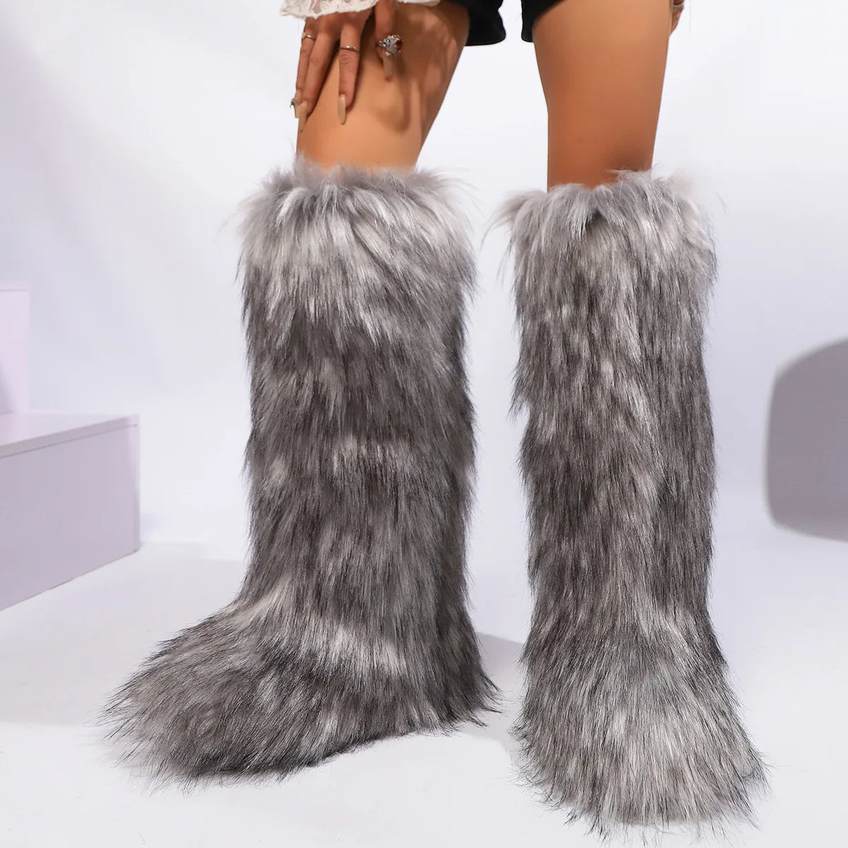 Real raccoon fur boots for women in winter, real fur fox snow boots for women in winter