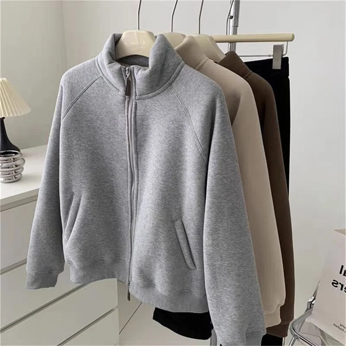 Women Autumn Winter Sweatshirt Coat Zip Up Solid Long Sleeve Stand Neck Jacket Lady Fashion Casual Street Vintage Coats Outwear