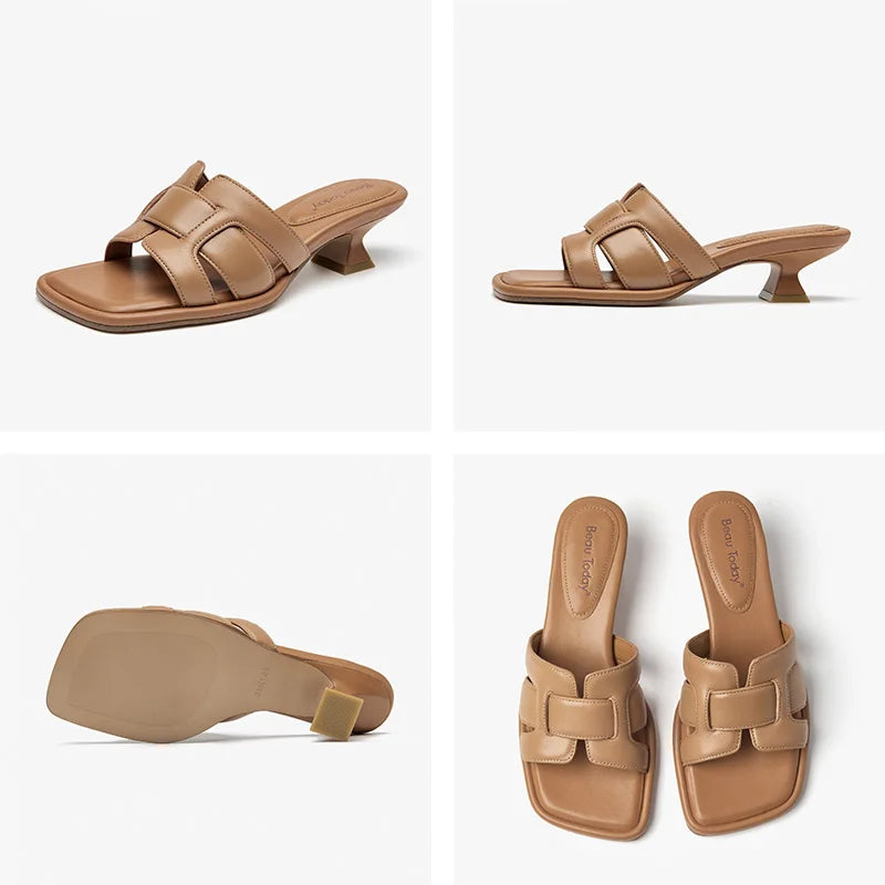 BEAUTODAY Roman Slippers Women Genuine Leather Woven Square Toe Slip-on Flats Outdoors Ladies Mid Heel Shoes Handmade 35111